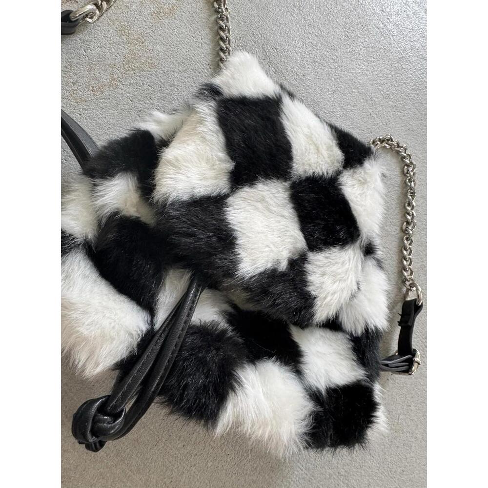 Current Mood Checkerboard Fur Mini Chain Leather Backpack Purse | Rave - Picture 2 of 9